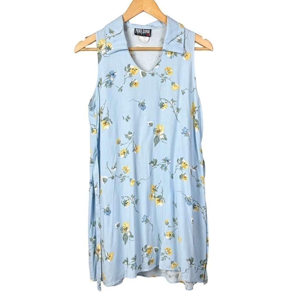 Vintage Prima Donna Blue Floral Sleeveless Collar Mini Dress